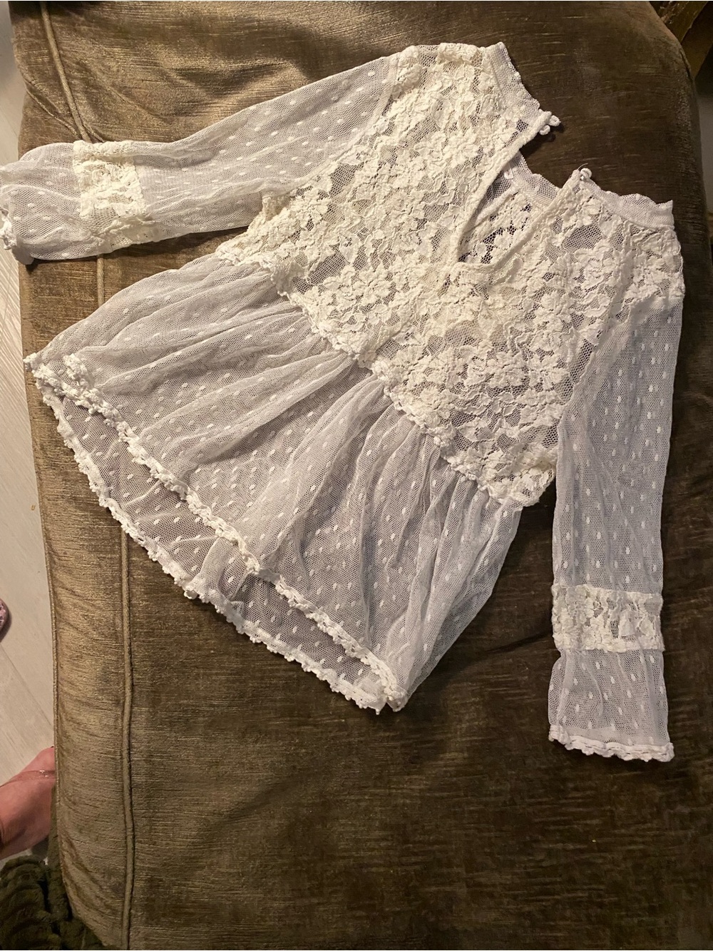 Free People White Lace Swiss Dot Long Sleeve Crop Top